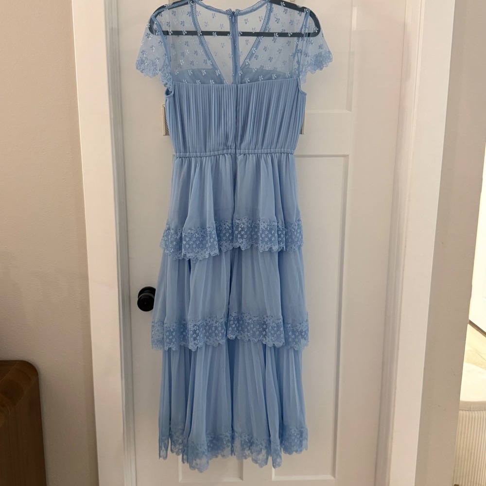 Self-Portrait Light Blue Chiffon Tiered Lace Midi Dress Pleated Short Sleeve - Picture 6 of 7